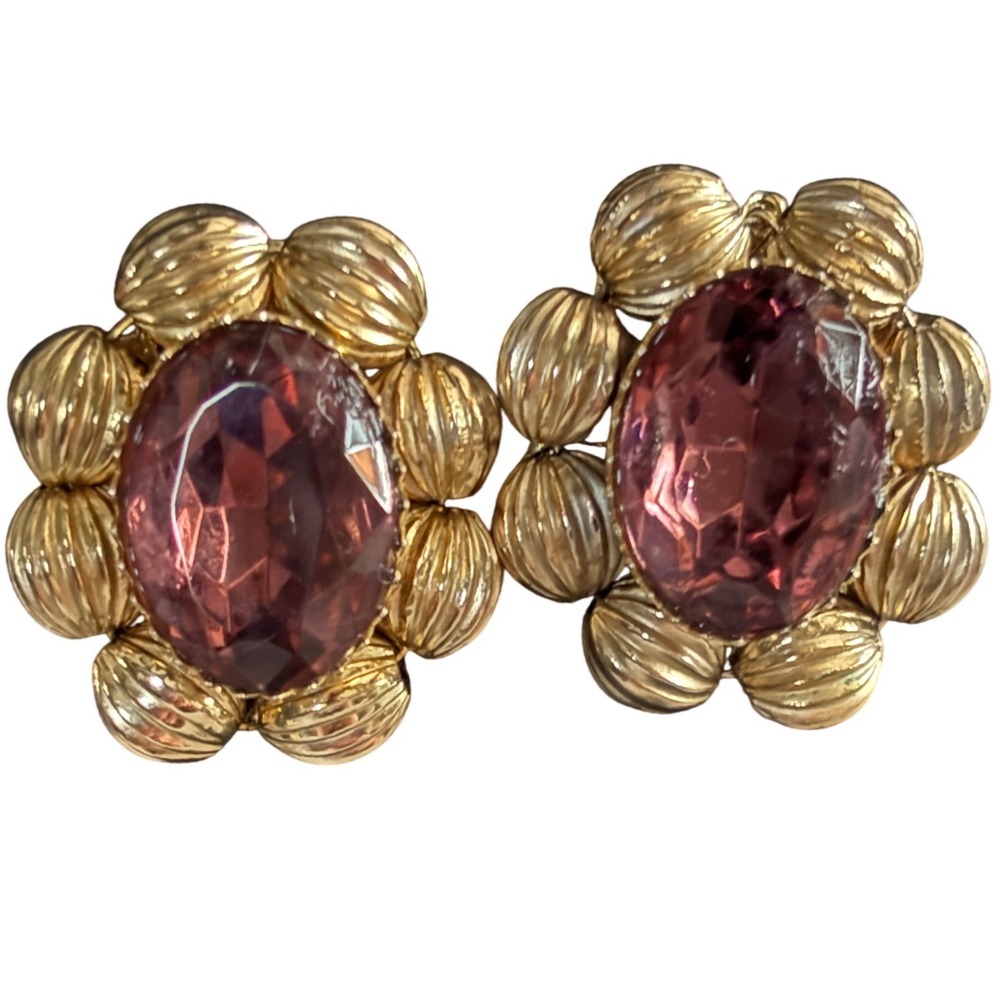 Vintage 80s Gold Tone Amethyst  Statement Clip On‎ Earrings Oval Rhinestone